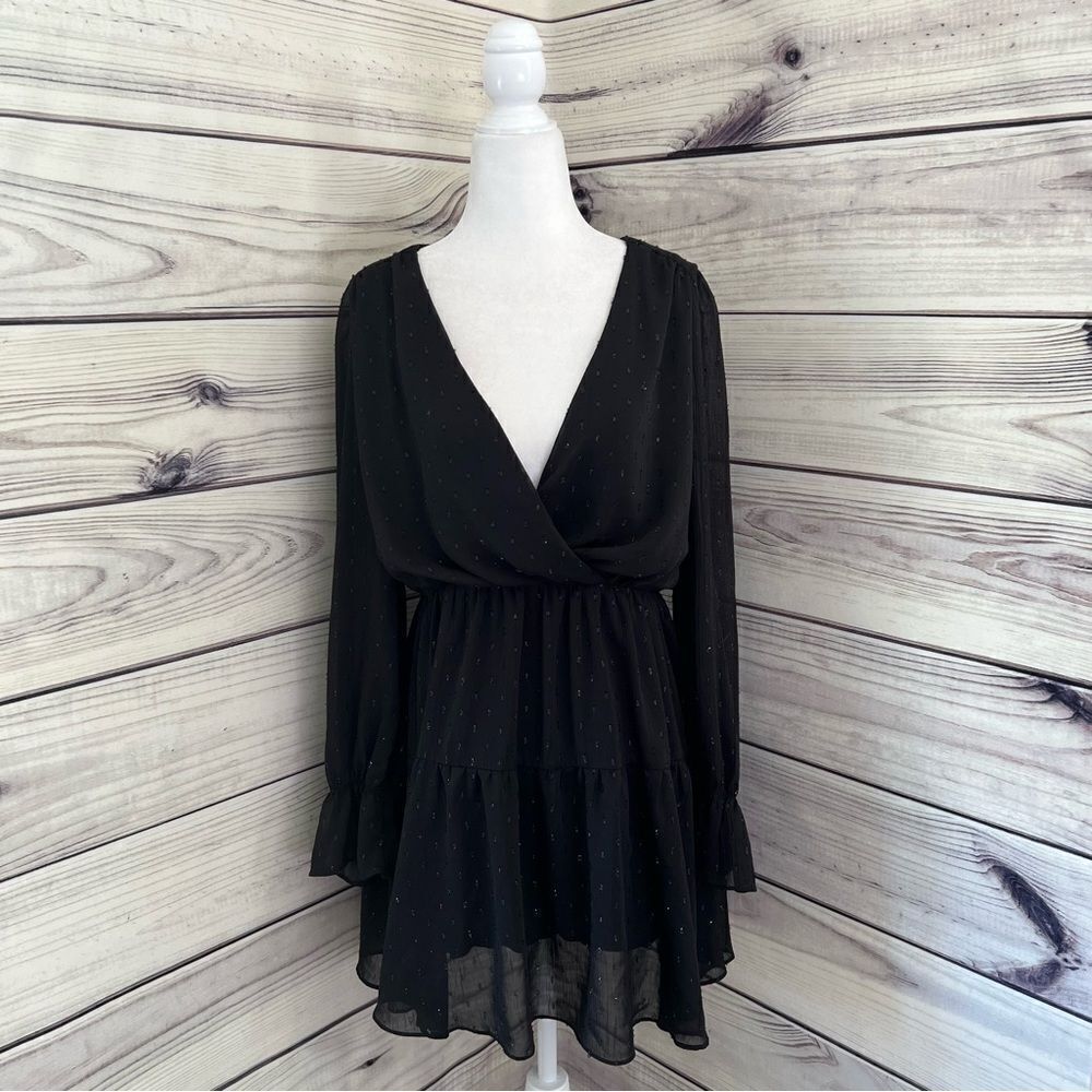 The Impeccable Pig Black Metallic Dot Surplus Deep V Neck Long Sleeve Dress